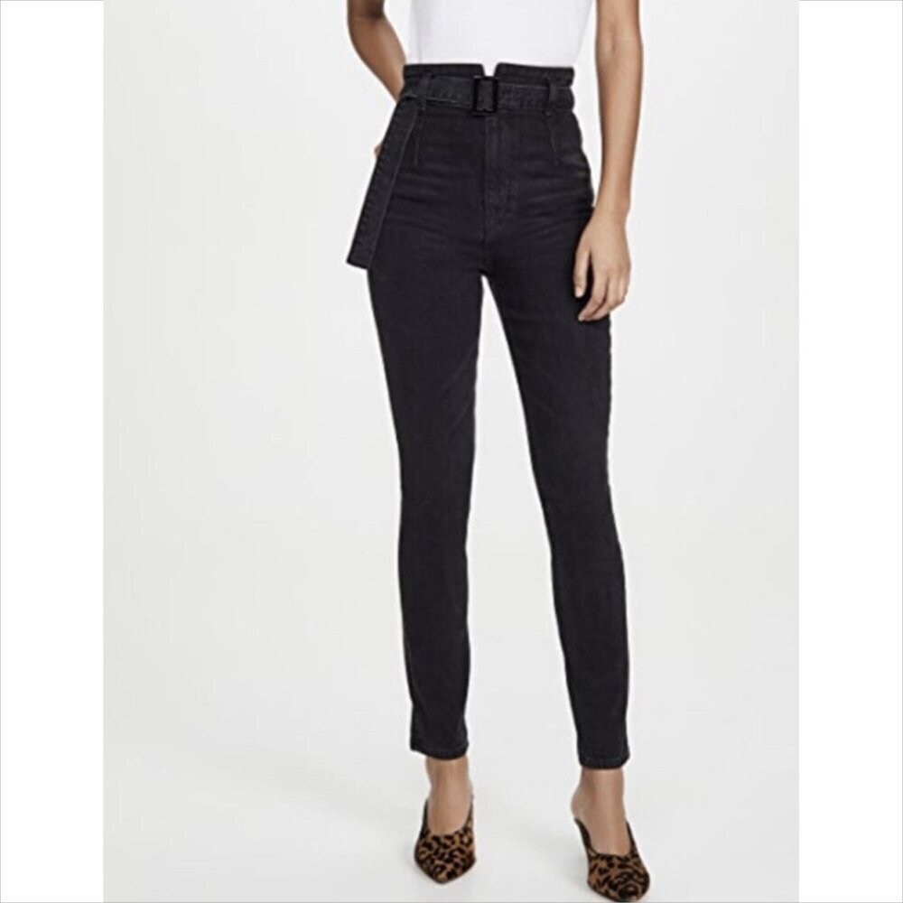Reformation Kayo high rise skinny belted jeans denim black Erie women 00 24